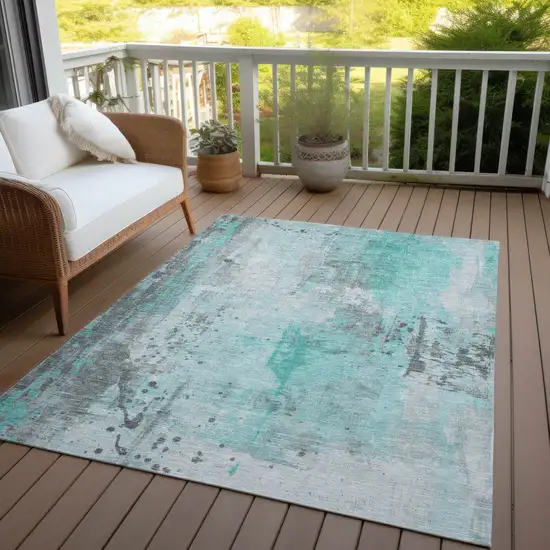 Teal Blue And Gray Abstract Washable Indoor Outdoor Area Rug Photo 5