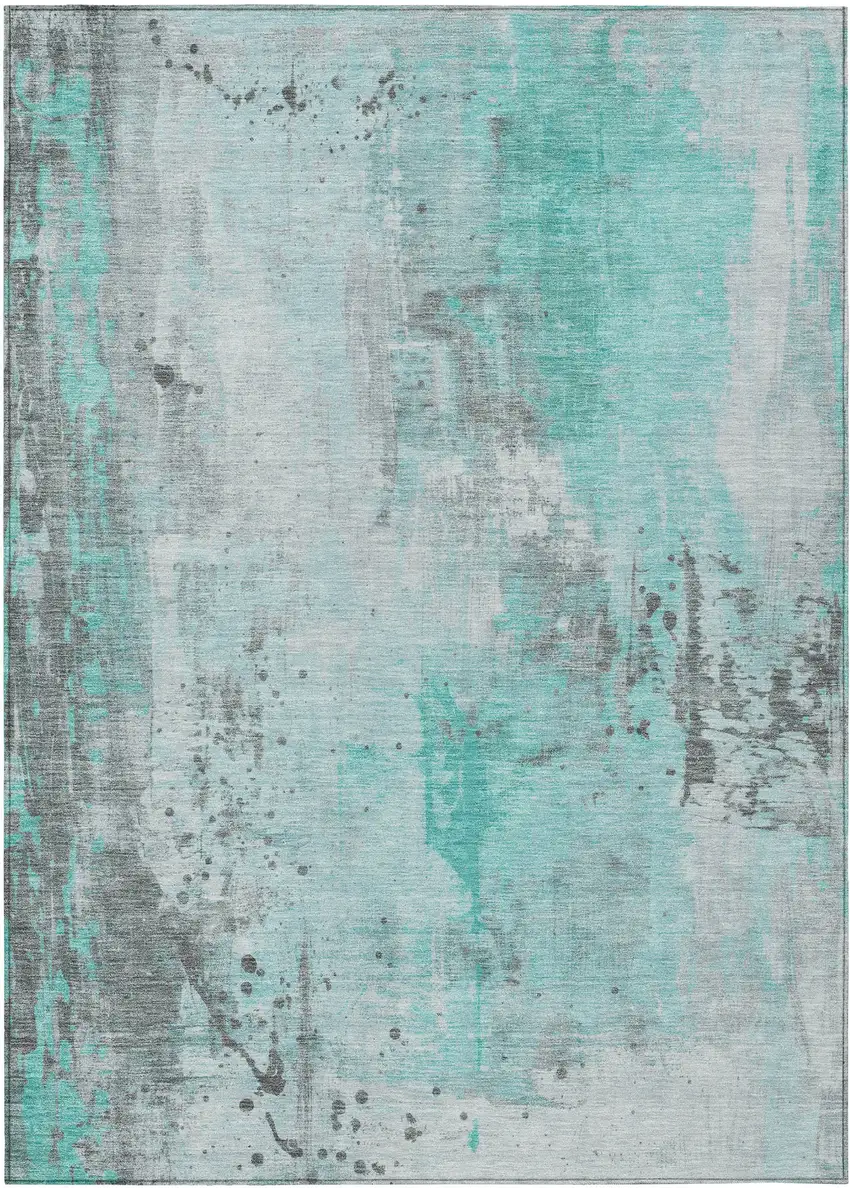 Teal Blue And Gray Abstract Washable Indoor Outdoor Area Rug Photo 1