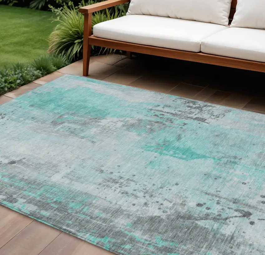 Teal Blue And Gray Abstract Washable Indoor Outdoor Area Rug Photo 2