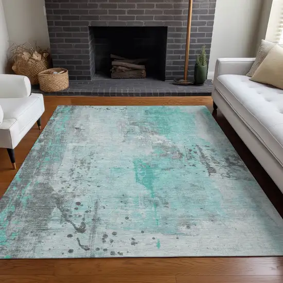 Teal Blue And Gray Abstract Washable Indoor Outdoor Area Rug Photo 7