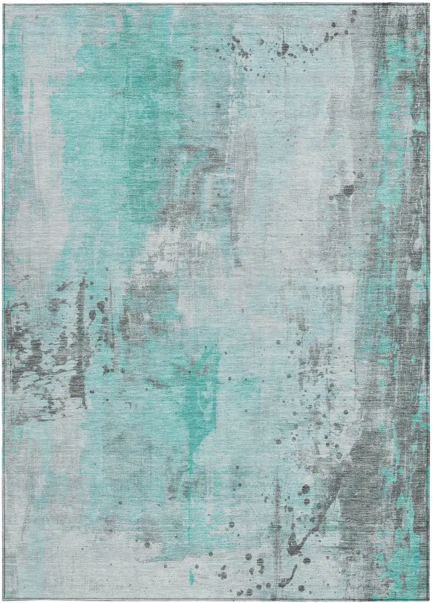 Teal Blue And Gray Abstract Washable Indoor Outdoor Area Rug Photo 4