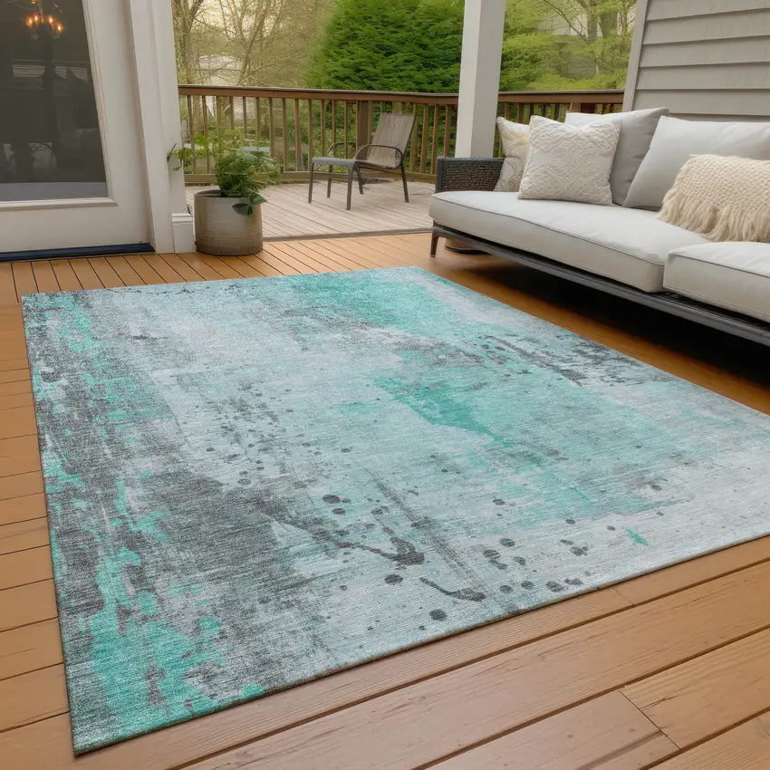 Teal Blue And Gray Abstract Washable Indoor Outdoor Area Rug Photo 8
