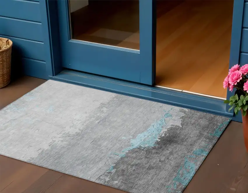 Teal Blue And Gray Abstract Washable Indoor Outdoor Area Rug Photo 2