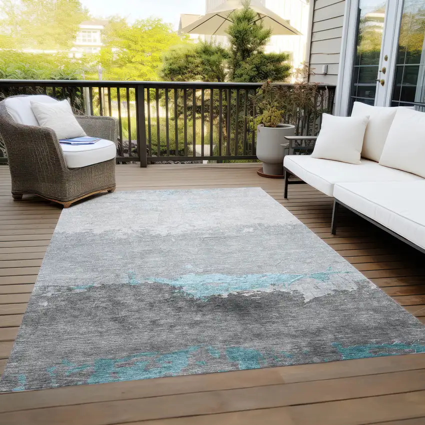 Teal Blue And Gray Abstract Washable Indoor Outdoor Area Rug Photo 8