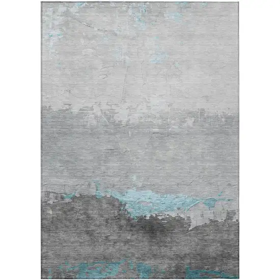 Teal Blue And Gray Abstract Washable Indoor Outdoor Area Rug Photo 1