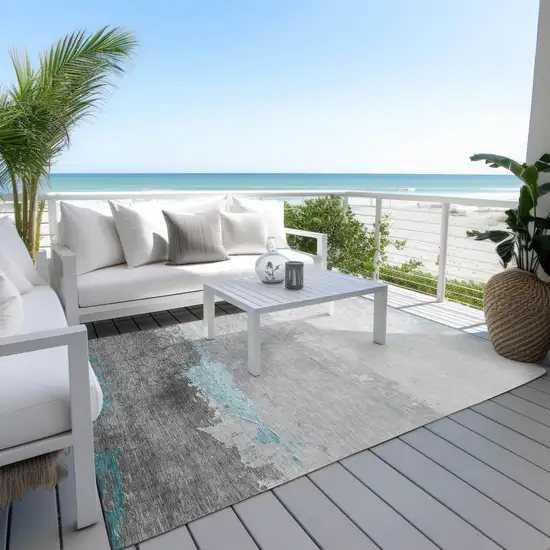 Teal Blue And Gray Abstract Washable Indoor Outdoor Area Rug Photo 4
