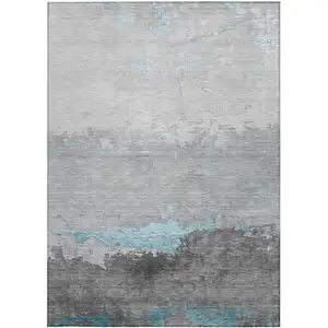 Photo of Teal Blue And Gray Abstract Washable Indoor Outdoor Area Rug