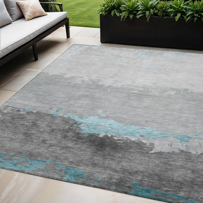 Teal Blue And Gray Abstract Washable Indoor Outdoor Area Rug Photo 2