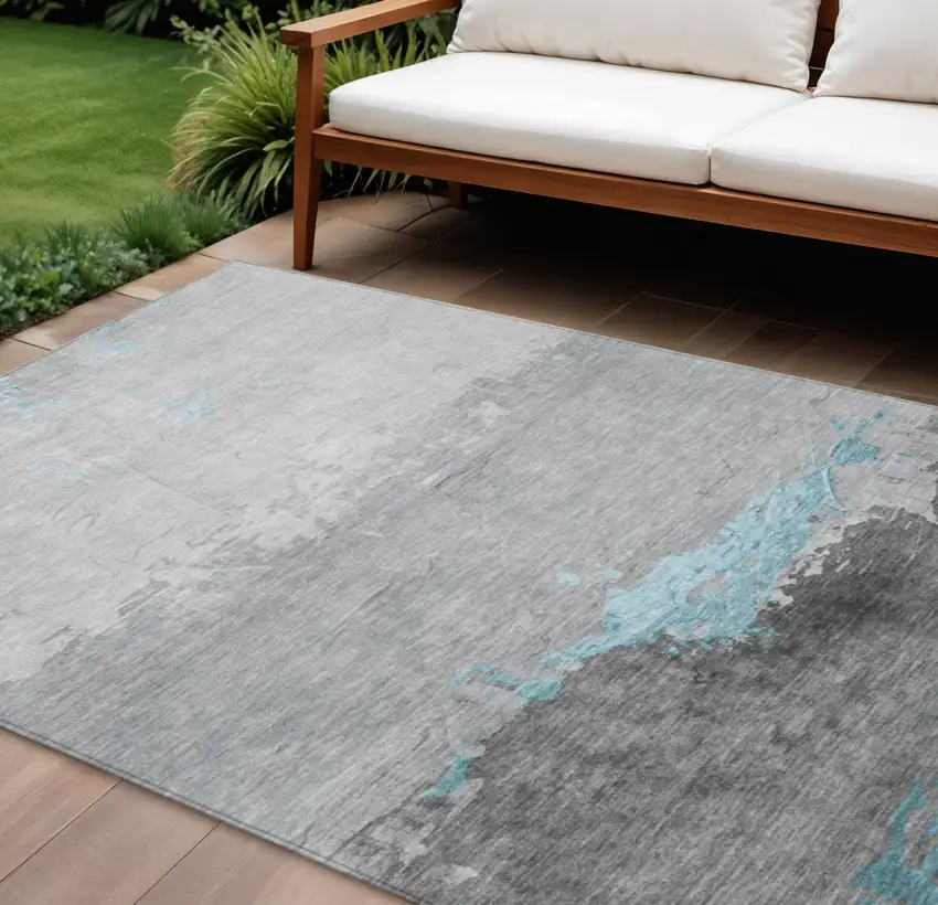 Teal Blue And Gray Abstract Washable Indoor Outdoor Area Rug Photo 2