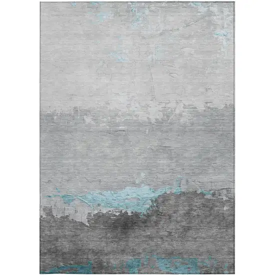 Teal Blue And Gray Abstract Washable Indoor Outdoor Area Rug Photo 1