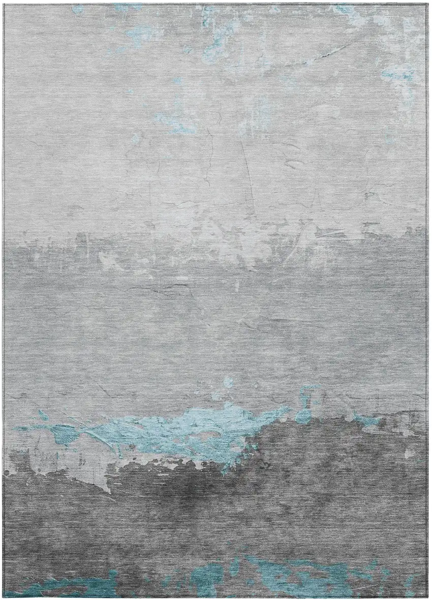 Teal Blue And Gray Abstract Washable Indoor Outdoor Area Rug Photo 1