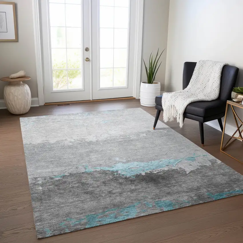 Teal Blue And Gray Abstract Washable Indoor Outdoor Area Rug Photo 5