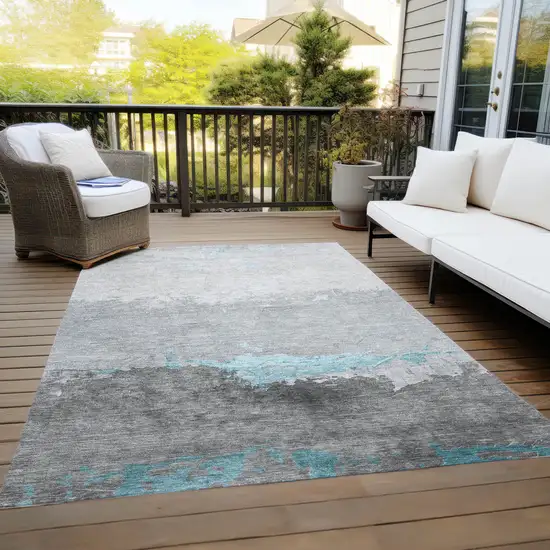 Teal Blue And Gray Abstract Washable Indoor Outdoor Area Rug Photo 8