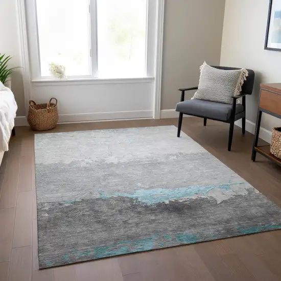 Teal Blue And Gray Abstract Washable Indoor Outdoor Area Rug Photo 7
