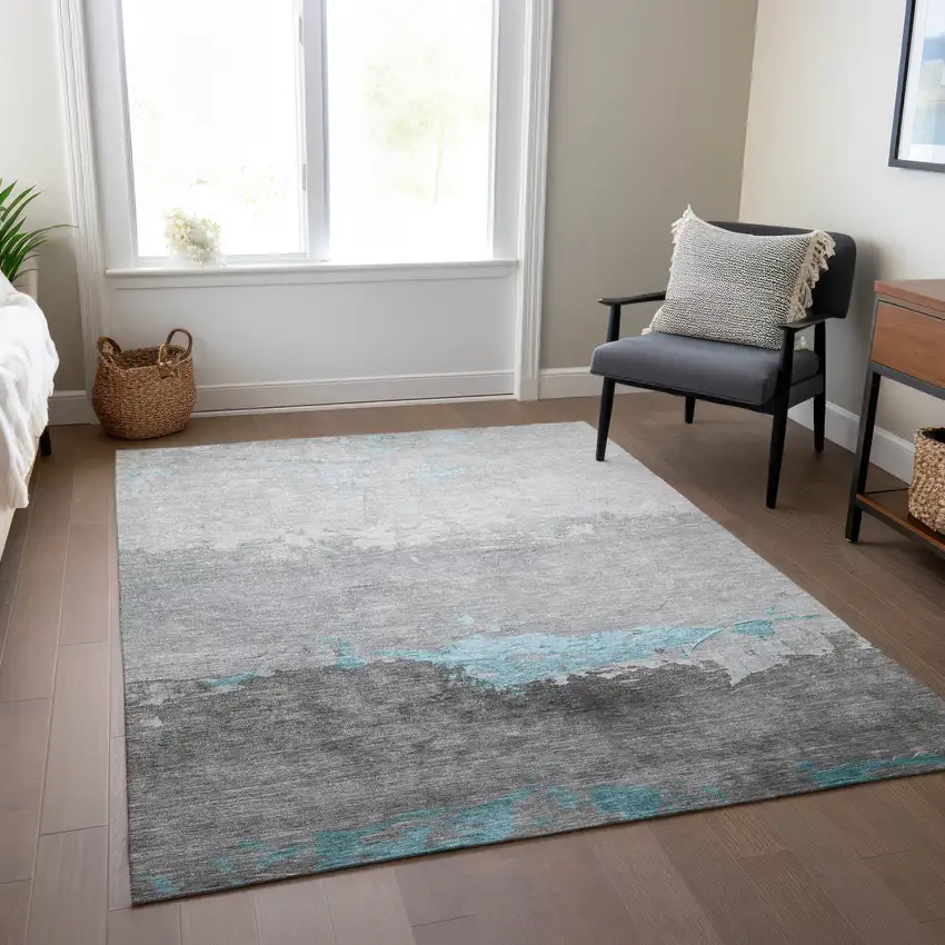 Teal Blue And Gray Abstract Washable Indoor Outdoor Area Rug Photo 7