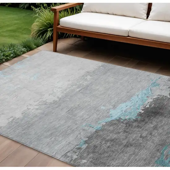 Teal Blue And Gray Abstract Washable Indoor Outdoor Area Rug Photo 2