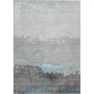 Photo of Teal Blue And Gray Abstract Washable Indoor Outdoor Area Rug