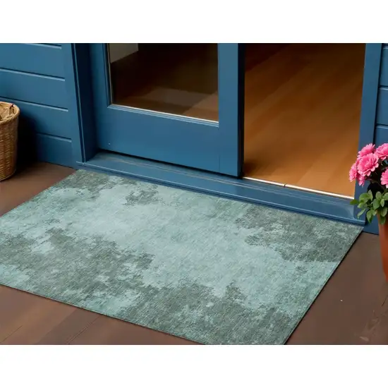 Teal Blue And Gray Abstract Washable Indoor Outdoor Area Rug Photo 2
