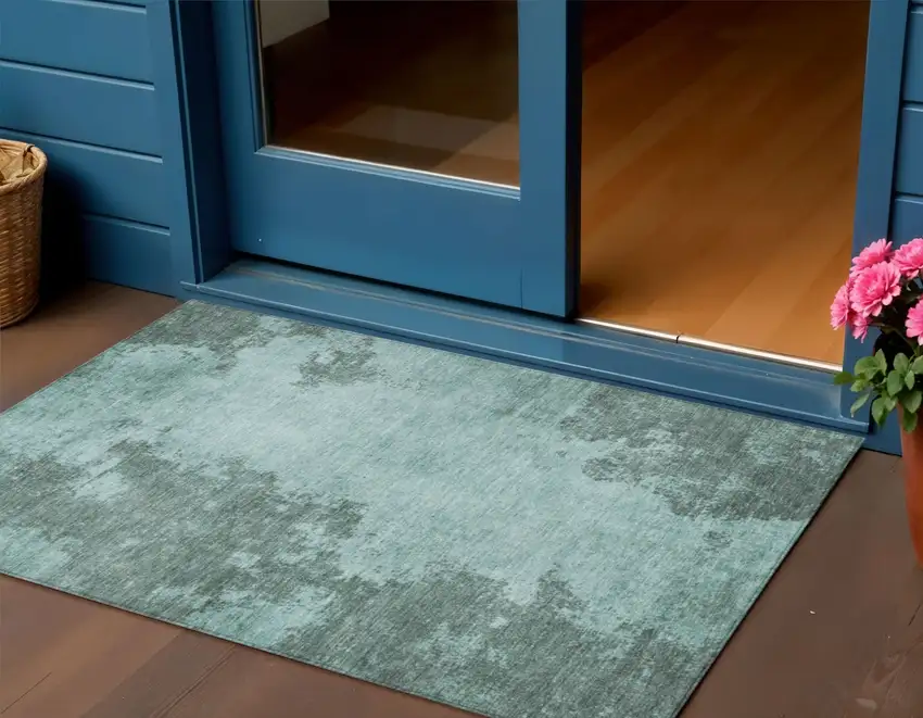Teal Blue And Gray Abstract Washable Indoor Outdoor Area Rug Photo 2