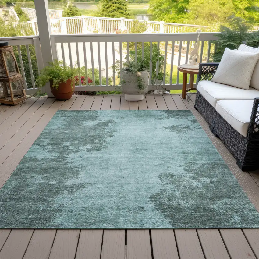 Teal Blue And Gray Abstract Washable Indoor Outdoor Area Rug Photo 8