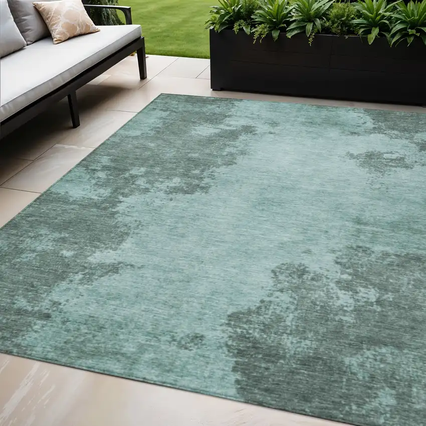 Teal Blue And Gray Abstract Washable Indoor Outdoor Area Rug Photo 2