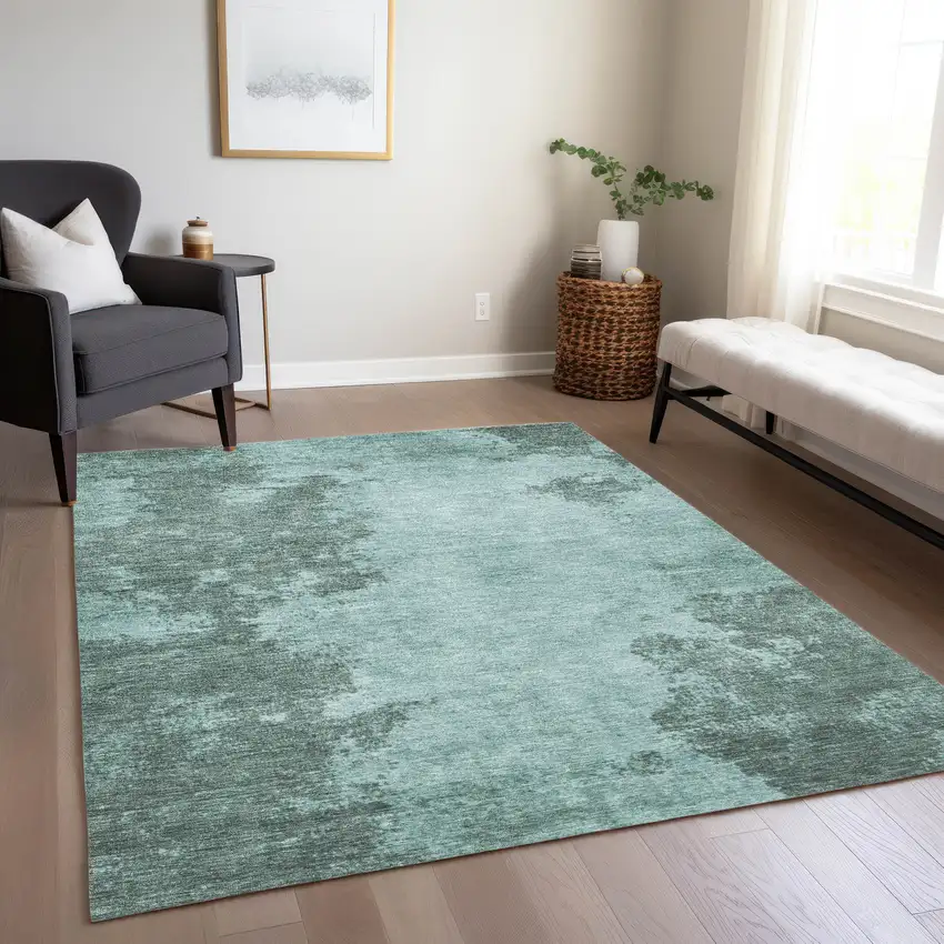 Teal Blue And Gray Abstract Washable Indoor Outdoor Area Rug Photo 6