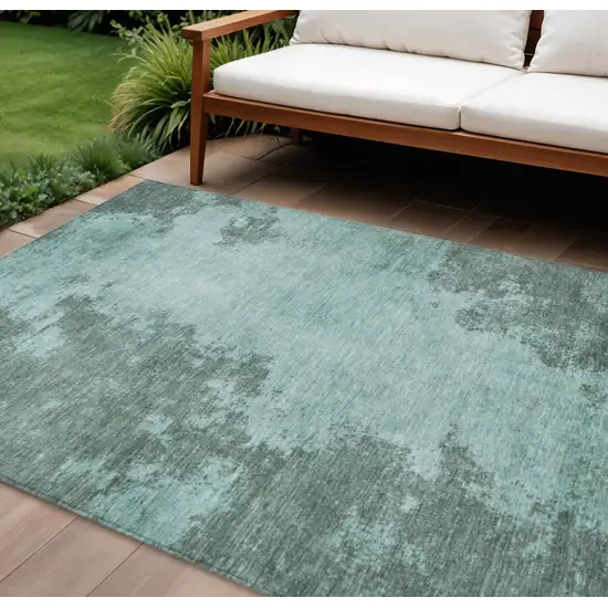 Teal Blue And Gray Abstract Washable Indoor Outdoor Area Rug Photo 2