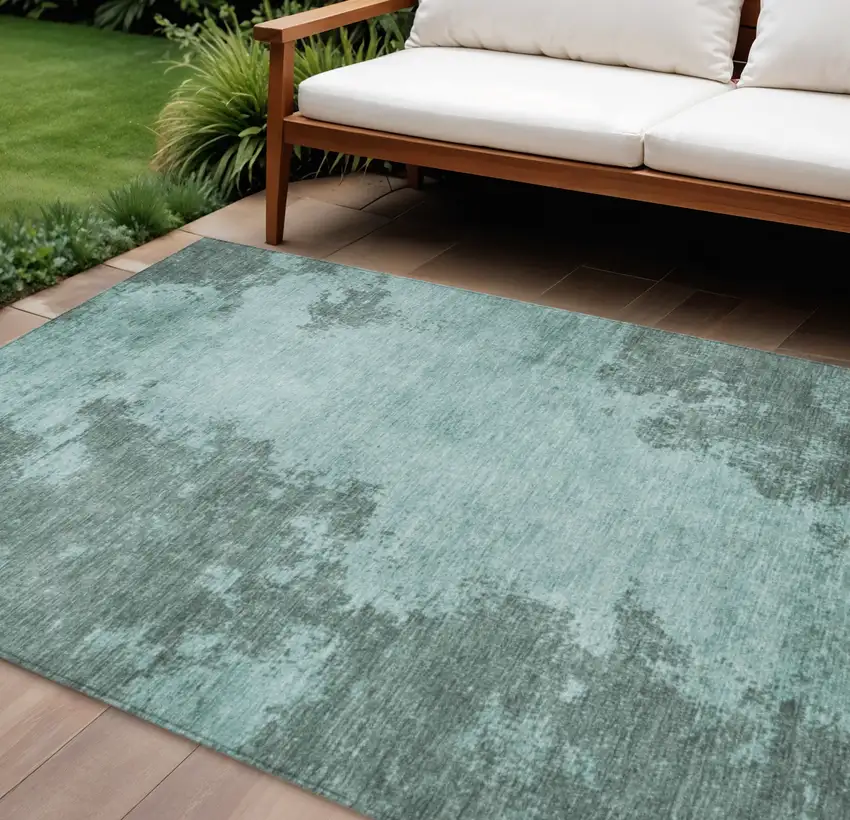 Teal Blue And Gray Abstract Washable Indoor Outdoor Area Rug Photo 2