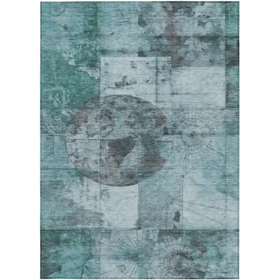 Teal Blue And Gray Abstract Washable Indoor Outdoor Area Rug Photo 3