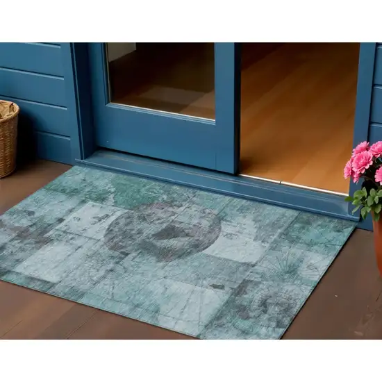 Teal Blue And Gray Abstract Washable Indoor Outdoor Area Rug Photo 2
