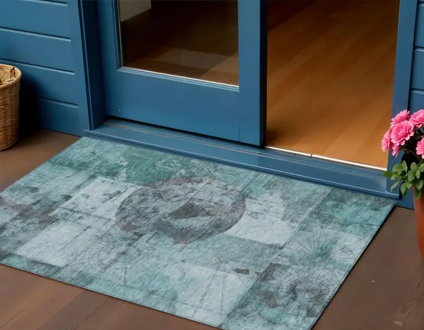 Teal Blue And Gray Abstract Washable Indoor Outdoor Area Rug Photo 2