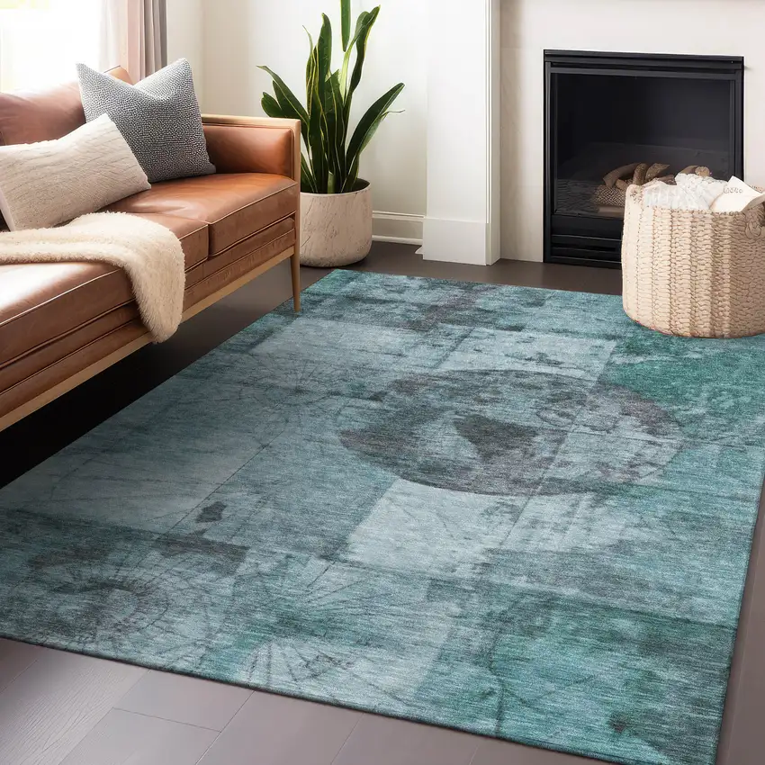 Teal Blue And Gray Abstract Washable Indoor Outdoor Area Rug Photo 6