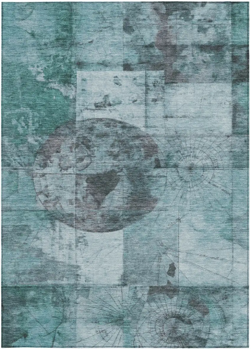 Teal Blue And Gray Abstract Washable Indoor Outdoor Area Rug Photo 3