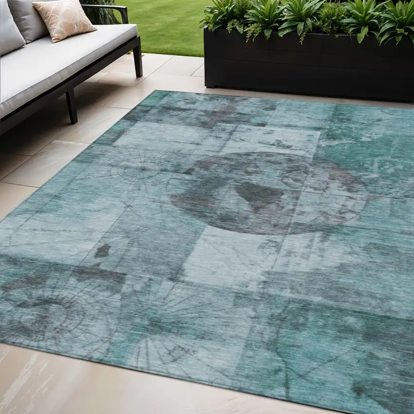 Teal Blue And Gray Abstract Washable Indoor Outdoor Area Rug Photo 2