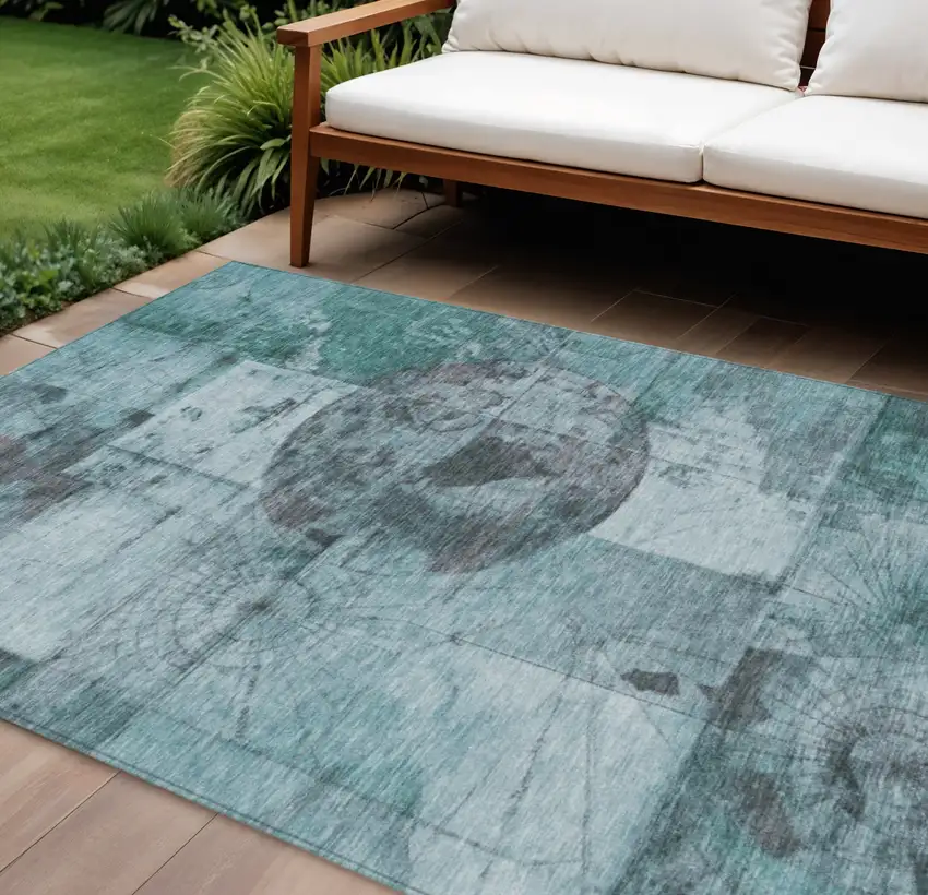 Teal Blue And Gray Abstract Washable Indoor Outdoor Area Rug Photo 2