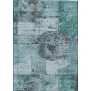 Photo of Teal Blue And Gray Abstract Washable Indoor Outdoor Area Rug
