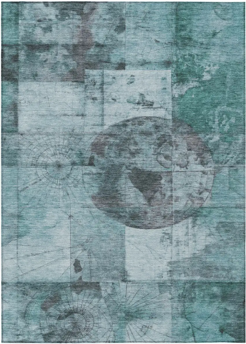 Teal Blue And Gray Abstract Washable Indoor Outdoor Area Rug Photo 1