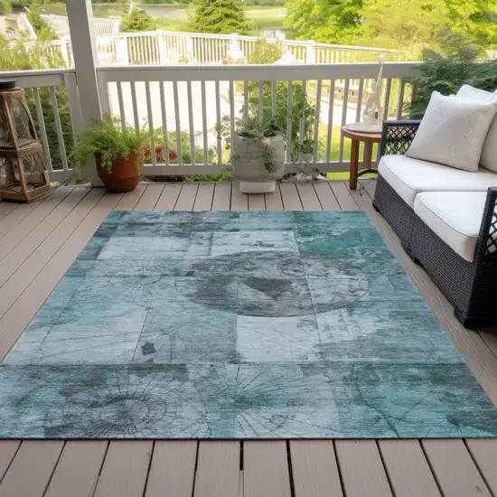 Teal Blue And Gray Abstract Washable Indoor Outdoor Area Rug Photo 8