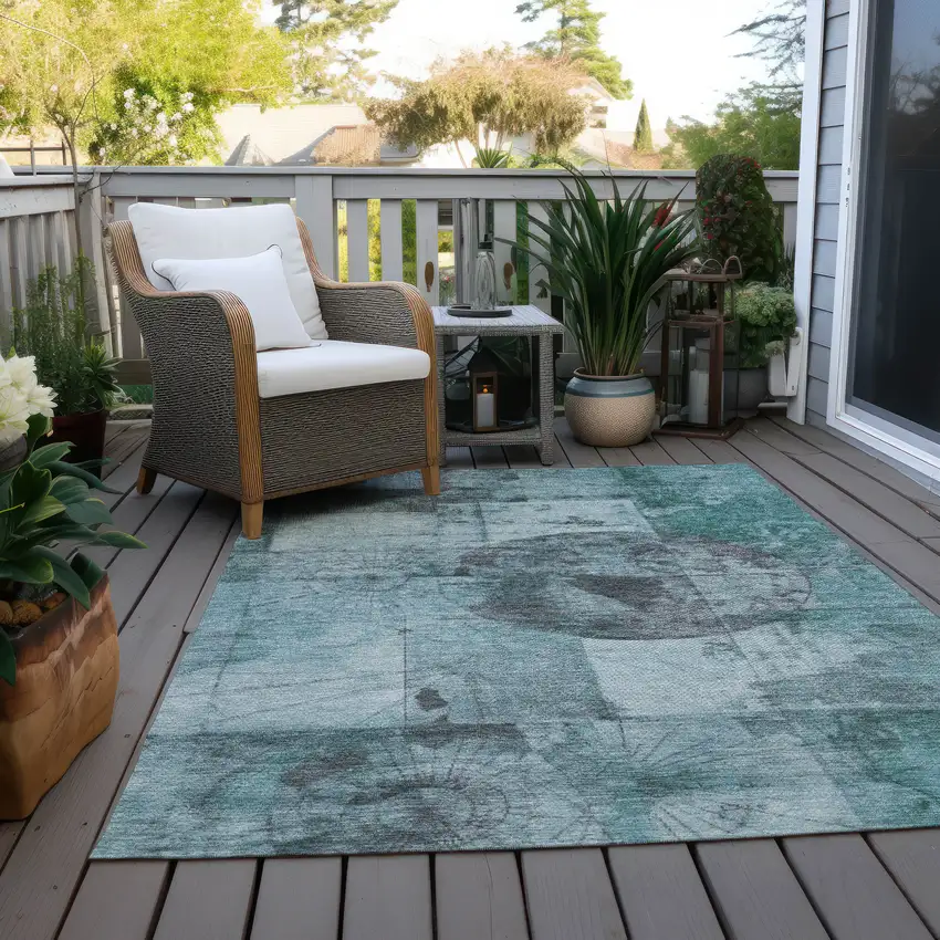 Teal Blue And Gray Abstract Washable Indoor Outdoor Area Rug Photo 5