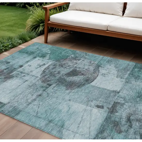 Teal Blue And Gray Abstract Washable Indoor Outdoor Area Rug Photo 2