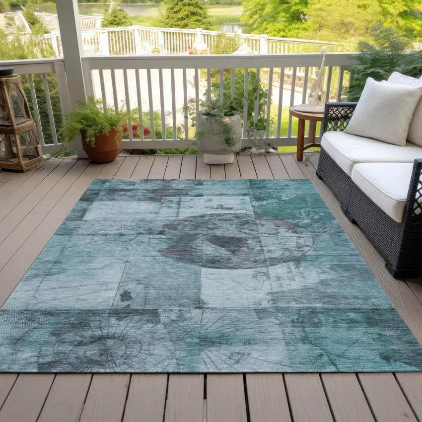 Teal Blue And Gray Abstract Washable Indoor Outdoor Area Rug Photo 8