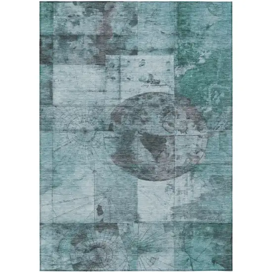 Teal Blue And Gray Abstract Washable Indoor Outdoor Area Rug Photo 1