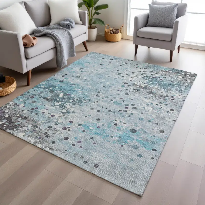 Teal Blue And Gray Abstract Washable Indoor Outdoor Area Rug Photo 6