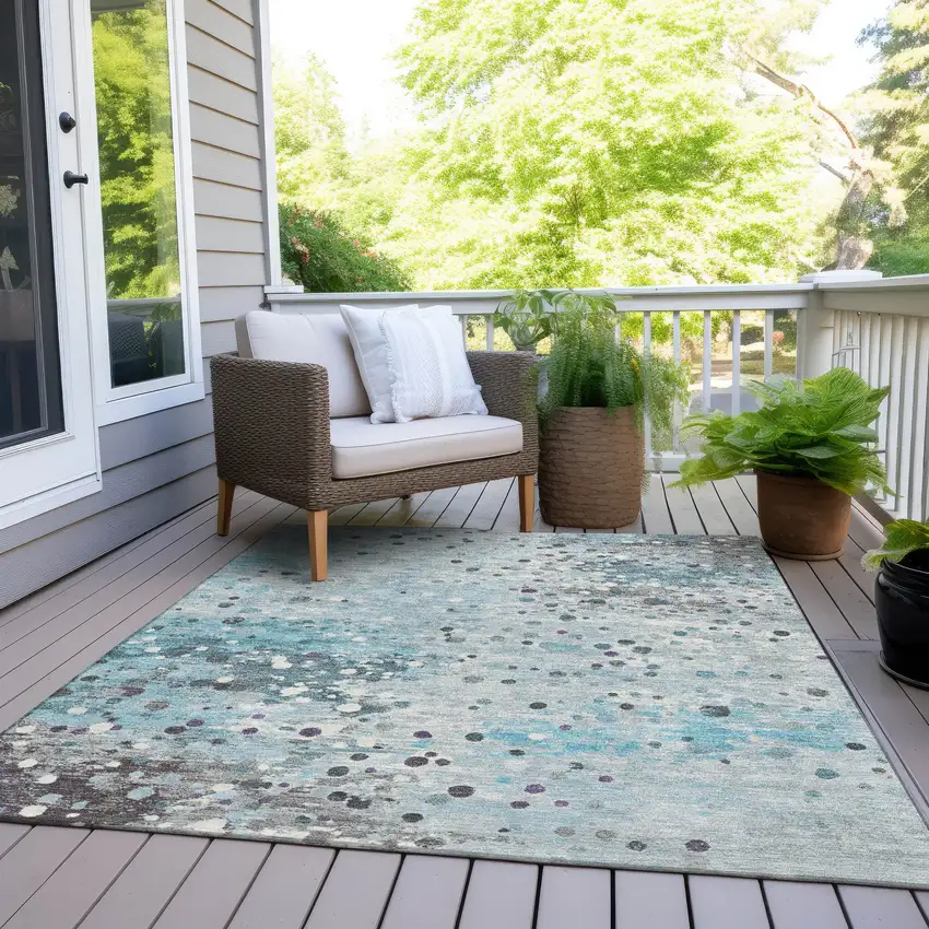 Teal Blue And Gray Abstract Washable Indoor Outdoor Area Rug Photo 8