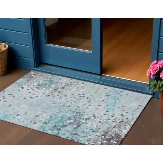 Teal Blue And Gray Abstract Washable Indoor Outdoor Area Rug Photo 2