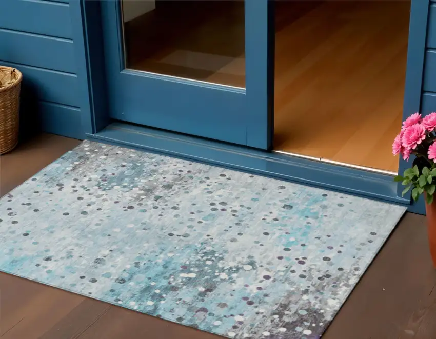 Teal Blue And Gray Abstract Washable Indoor Outdoor Area Rug Photo 2