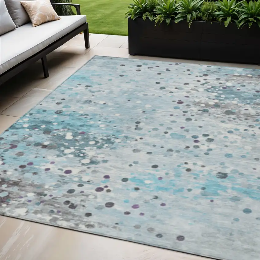 Teal Blue And Gray Abstract Washable Indoor Outdoor Area Rug Photo 2
