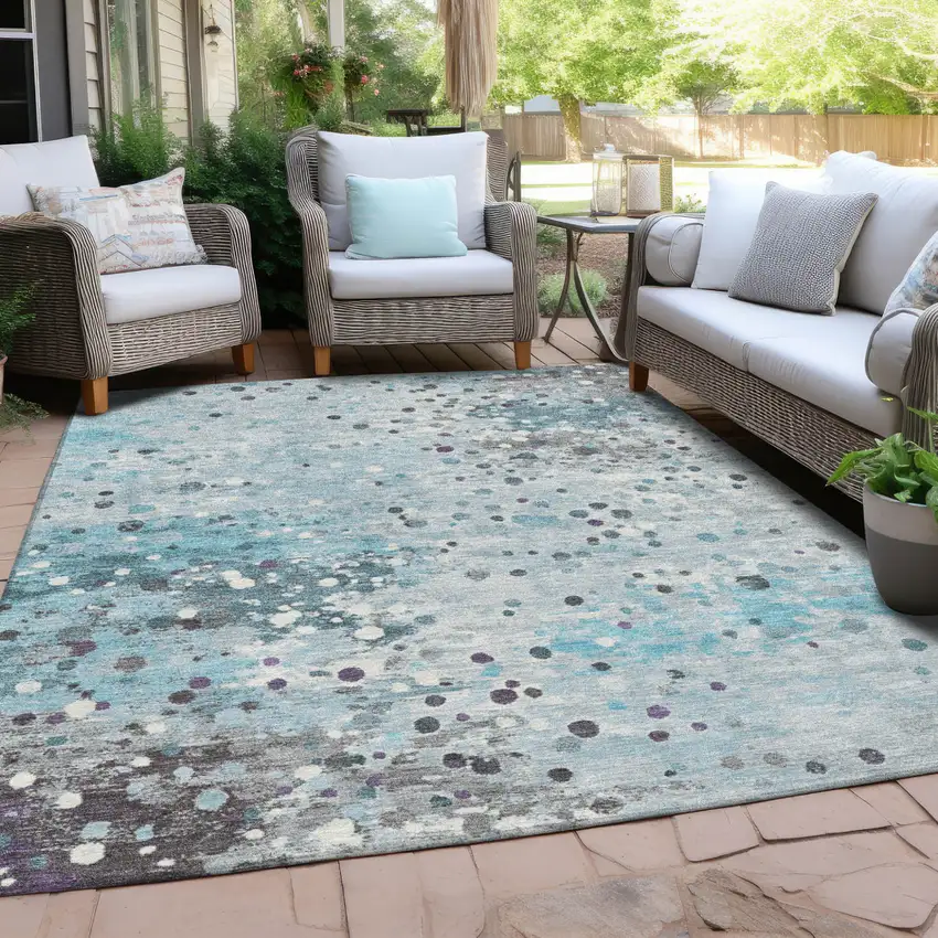 Teal Blue And Gray Abstract Washable Indoor Outdoor Area Rug Photo 5