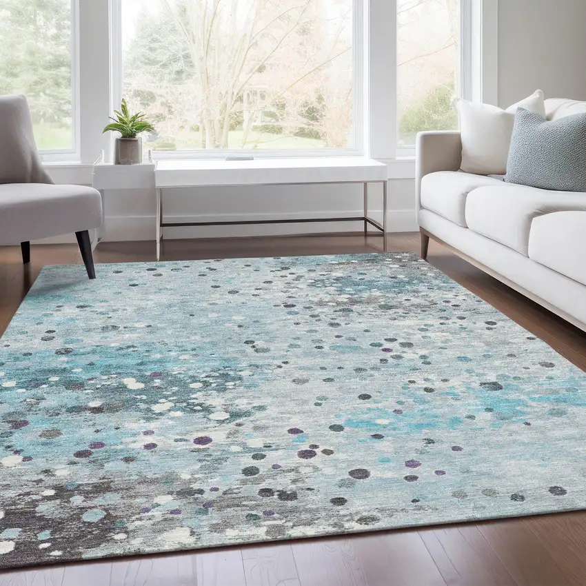 Teal Blue And Gray Abstract Washable Indoor Outdoor Area Rug Photo 7