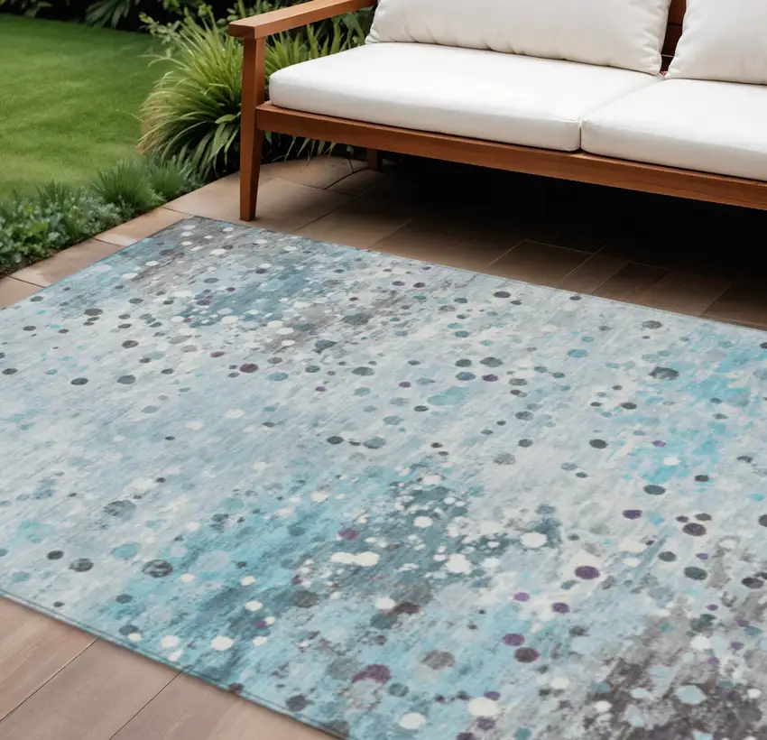 Teal Blue And Gray Abstract Washable Indoor Outdoor Area Rug Photo 2